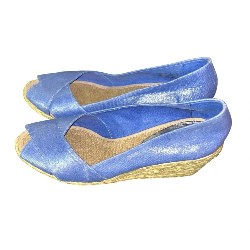 Lauren Ralph Lauren Cecilia Blue‎ Linen Espadrille Wedges Peep Toe Sandals 10B